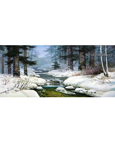 ציור שמן נחל זורם בתוך יער מושלג